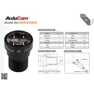 Arducam LN036 Telephoto 20 Degree 1/2.3 M12 Lens with Lens Adapter for Raspberry Pi High Quality Camera