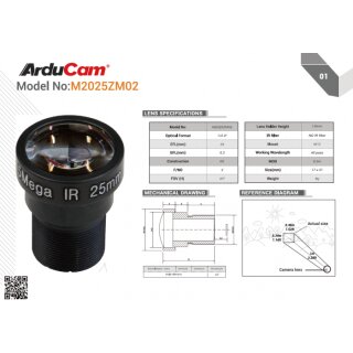 Arducam LN036 Telephoto 20 Degree 1/2.3 M12 Lens with Lens Adapter for Raspberry Pi High Quality Camera