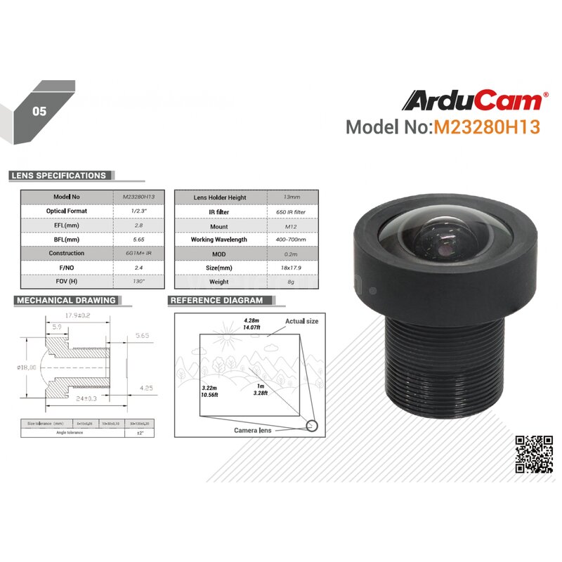 Arducam LN032 M23280H13 M12 S-Mount Lens with Adapter for HQ Camera,
