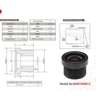 Arducam LN018 1/4 M12 Mount 1.6mm Focal Length Lens M40160M12