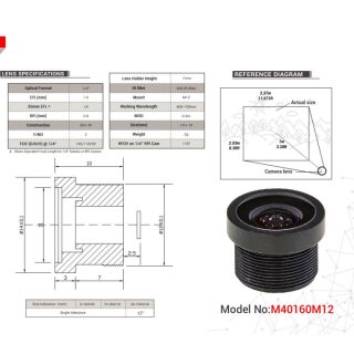 Arducam LN018 1/4" M12 Mount 1.6mm Focal Length Lens M40160M12
