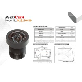Arducam LN069 100 Degree Low distortion 1/2.3? M12 Lens with Lens Adapter for Raspberry Pi High Quality Camera
