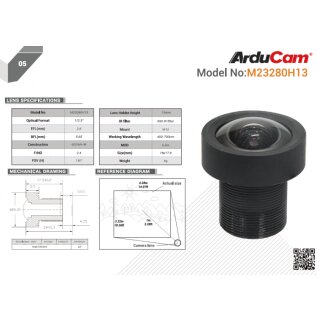 Arducam LN032 130 Degree Ultra Wide Angle 1/2.3" M12 Lens with Lens Adapter for Raspberry Pi High Quality Camera