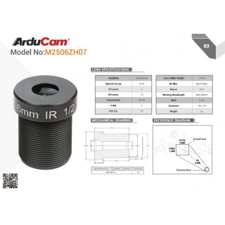 Arducam LN034 70 Degree 1/2.5" M12 Lens with Lens Adapter for Raspberry Pi High Quality Camera