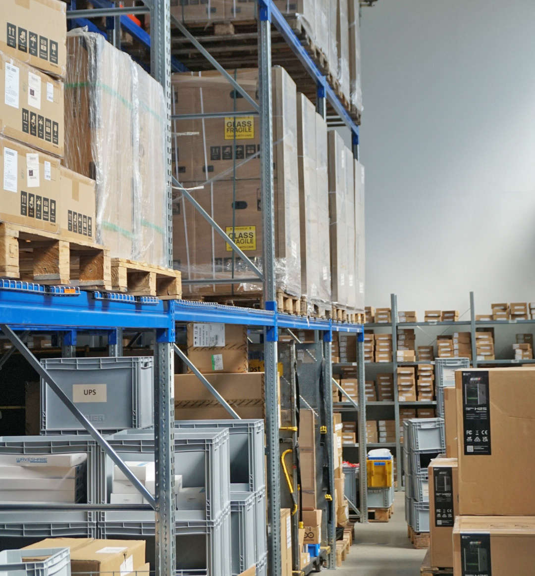 Shelves and boxes in the Welectron warehouse