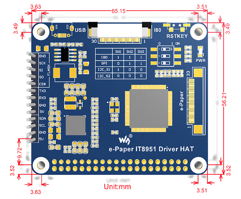 9.7inch e-Paper HAT e-Paper IT8951 Driver HAT dimensions