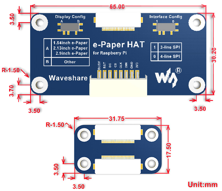 2.13inch e-Paper HAT (D) dimensions