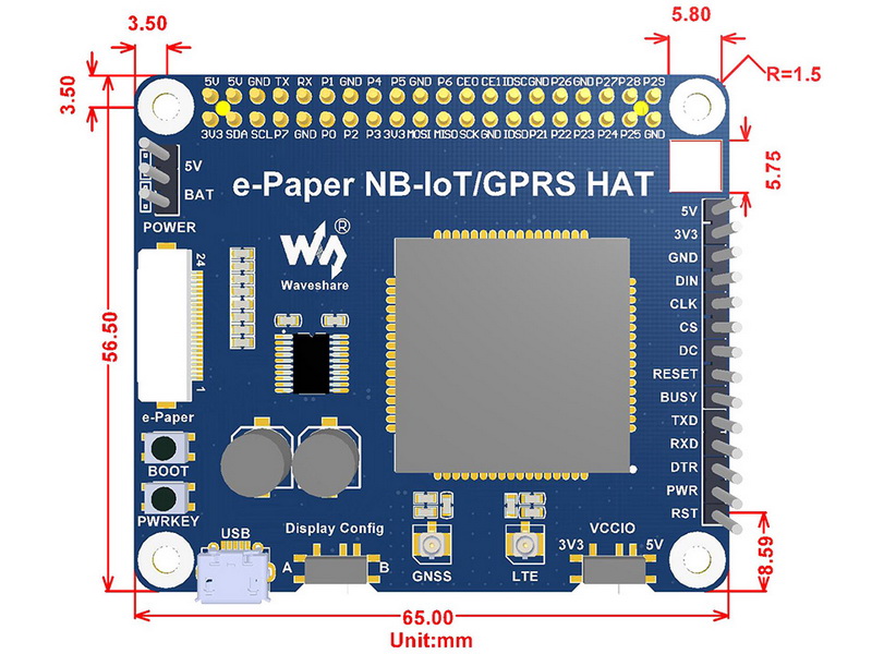 e-Paper NB-IoT/GPRS HAT dimensions