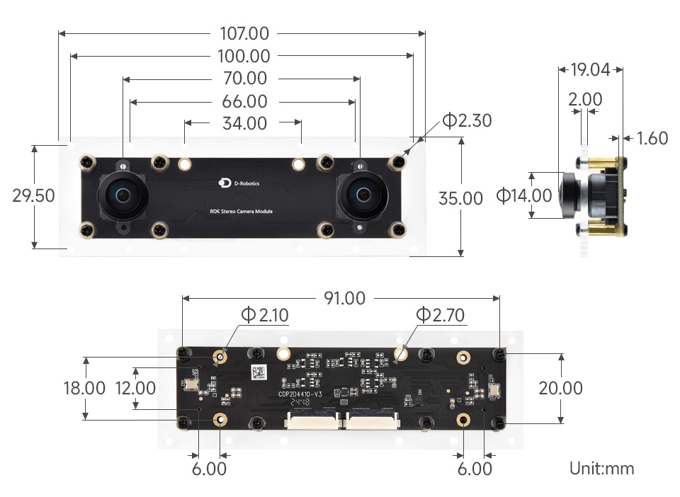 SC230AI binocular depth camera module, outline dimensions