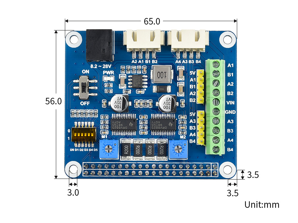 Stepper Motor HAT dimensions